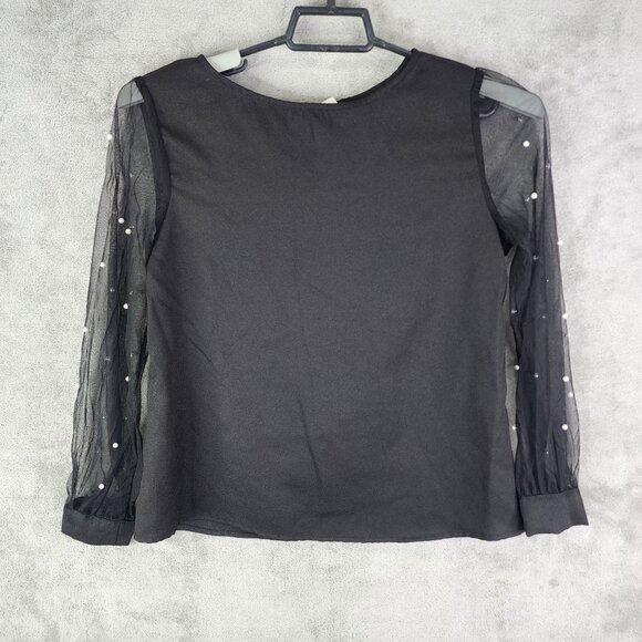 Women's Black Blouse Top With Sheer Pearl-Embellished Sleeves Round Neck S - Picture 2 of 10